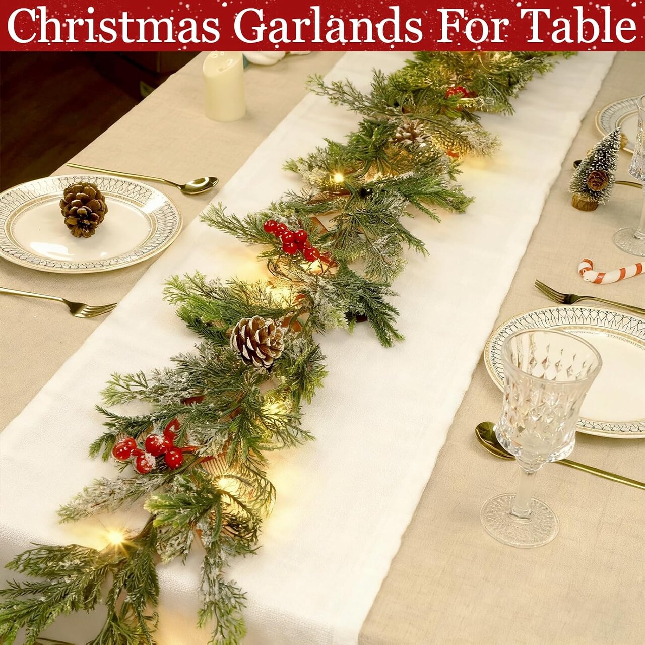 6FT Flocked Cedar Garland with Lights Timer, Pre-lit Christmas Garland Pinecones